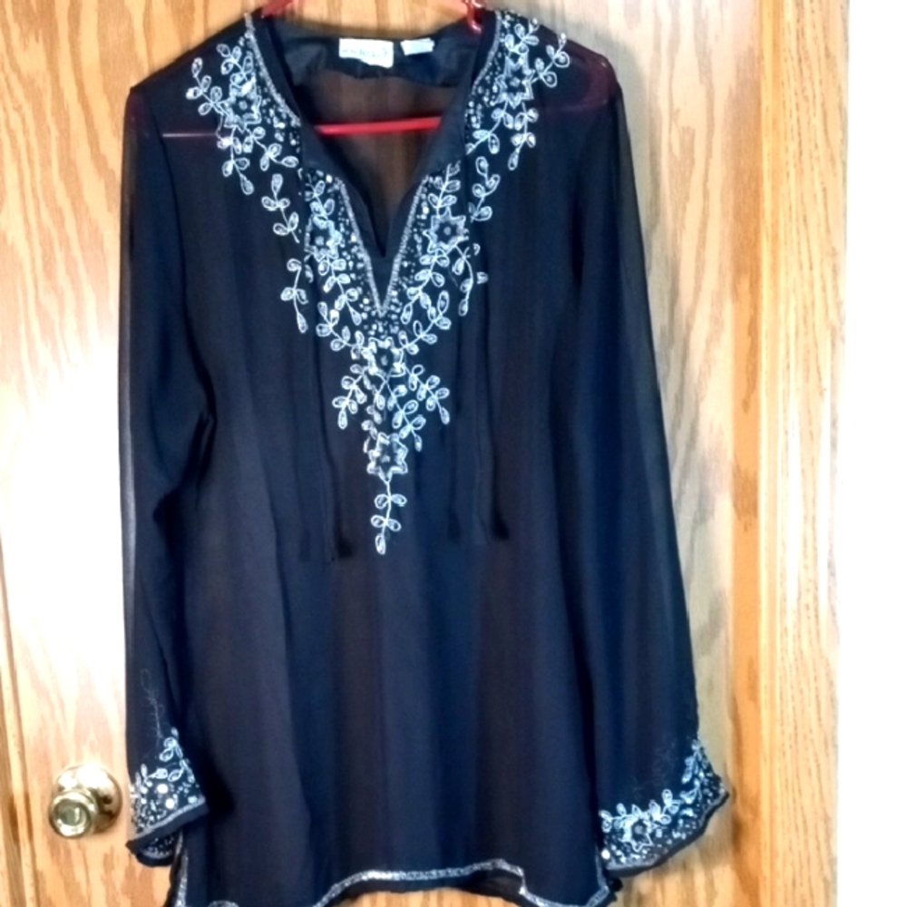 Indiska, Embroidery Black Women's Top, Beachy, Boho, Feminine, Sheer, Artsy,